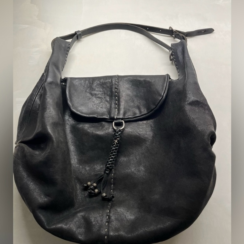 Henry Beguelin Black Leather Hobo Bag with Braided Tassel Accent